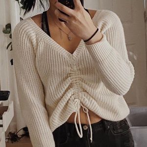 White Ribbed Knit Adjustable V Neck Long Sleeve Crop Sweater